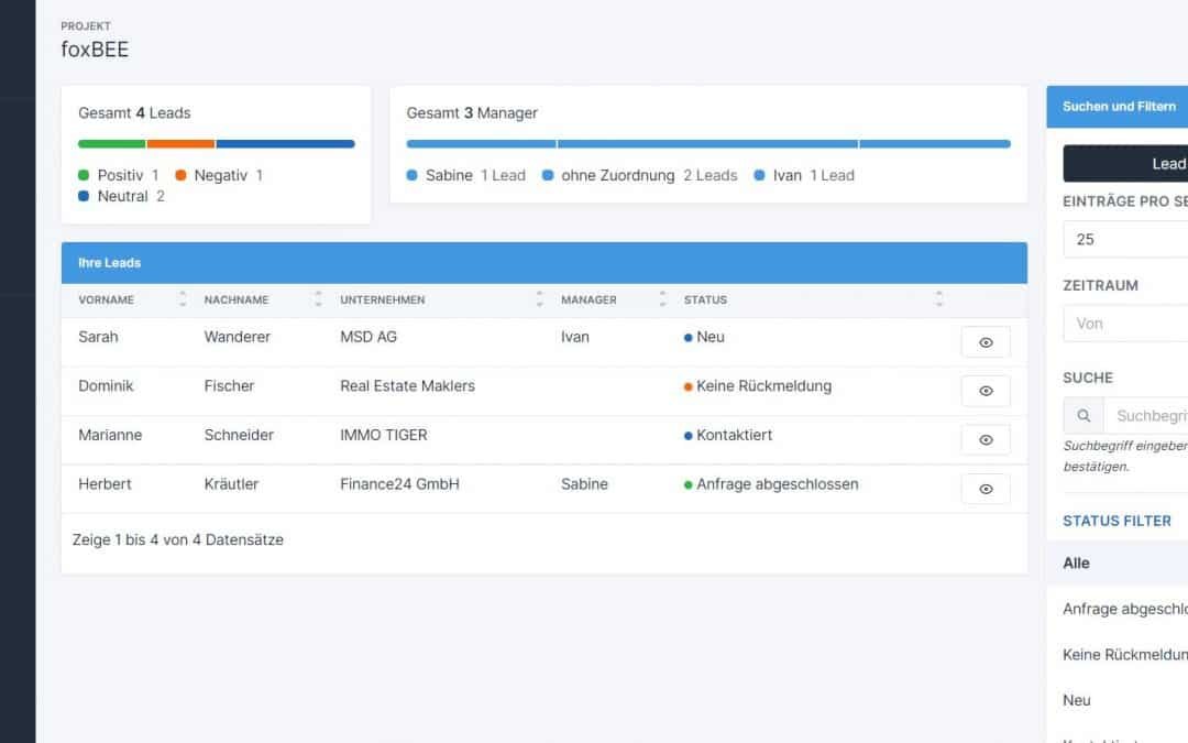 foxBEE CRM - echtes Produkt-Dashboard